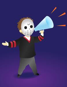 Halloween Announcement Guy - Vector illustration of a man wearing a Halloween hockey mask and jersey holding a megaphone making an important announcement. - Messenger, Message, Commentator, Sport, Costume, Halloween, Holiday, Purple, Spooky, Horror, Fun, Leadership, Brown, Messy, Human Hair, Posing, Creativity, Men, Little Boys, Black, Gray, Red, Striped, Sports Uniform, Ice Hockey, Face Mask, Mask, Screaming, Shouting, Smiling, Public Speaker, Announcement Message, Incentive, Motivation, motivating, Marketing, Journalist, Presentation, Showing, Discovery, Exhibition, Directing, Holding, Megaphone, Orange, Sound Wave, Professional Occupation