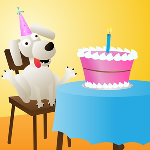 Birthday Dog - Vector illustration of a cute funny-looking dog wearing a birthday hat sitting in a chair at a table with a birthday cake and lit candle on top!  Perfect for a birthday card, funny message, or for the dog-lover in your life!  Happy Birthday!  Woof! - happy,birthday,dog,card,funny,cute,silly,weird