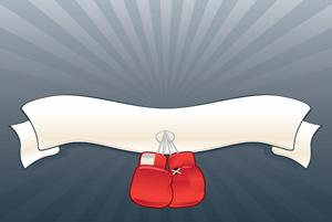 Boxing Gloves with Banner - Vector illustration of hanging boxing gloves with wavy banner behind them. Let's fight! - Curve, Ribbon, Beige, Blue, Red, Announcement Message, Rivalry, Conquering Adversity, Challenge, Winning, Success, Loss, Boxing, Banner, Boxing Glove, Sports Glove, Sport, Fighting, Comparison, Fun, Competitive Sport, Competition, Conflict