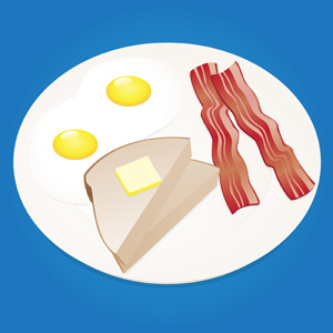 Breakfast - Vector illustration of a breakfast plate with two sunny side up (or over easy) eggs, two bacon strips and two slices of toast with butter on top.  It's the most important meal of the day, so start it right with a healthy breakfast! - breakfast,plate,two,eggs,bacon,strips,slices,toast,butter,healthy,sunny side up,over easy,