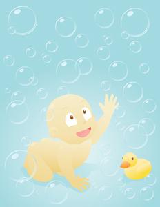 Bubble Baby! - Vector illustration of a cute little baby chasing bubbles with his rubber ducky friend right after a refreshing bubble bath. - Baby Girls, Little Boys, Baby Boys, Blue, Lightweight, light blue, Cute, Baby, 15-18 Months, Toddler, Child, Naked, Crawling, Chasing, Holding, Reaching, Fun, Bubble, Falling Water, Yellow, Rubber Duck, Rubber, Toy, Playful, Playing, Smiling, Laughing, 12-18 Months, 21-24 Months, Sitting, Looking Up, Ornamental Ducks