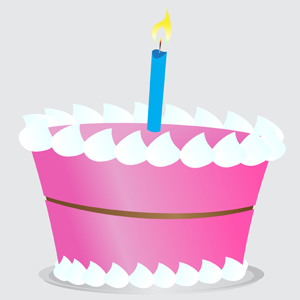 Birthday Cake Clipart - Simple vector illustration of a pink frosted birthday cake with a single lit birthday candle on top.  Happy Birthday!!! - pink,frosted,birthday,cake,candle,lit,happy,fun,hooray,clipart