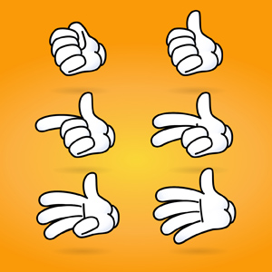 Cartoon Gloves - Vector illustrations of gloves opening each finger from a fist, to open-hand over an orange-colored background.  The second glove down in the first column can be used for pointing at or "clicking" something.  The first glove in the second column can be used for a thumbs up.  Have fun! - Cartoon, Glove, Gloves, Pointing, Opening, Fist, Open, Hand, Zero, One, Two, Three, Four, Five, Orange, Pushing, Clicking, Click Here, Thumbs, Up, OK