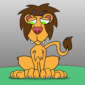 Cartoon Lion - Vector illustration of a cute cartoon lion looking down and to his left.  What is he looking at?  A tasty meal?  A ferocious mouse?  Who knows! - cute, orange, yellow, cartoon,lion,brown,mane,sharp,teeth,claws,content,lazy,confused,interested