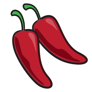 Chili Pepper Clipart - Simple vector illustration of a pair of red chili peppers next to each other.  Thick lines and bold solid colors are used.  Let your customers know that what they're about to eat is HOT HOT HOT. - red,chili,peppers,green,stems,bold,solid,colors,hot,spicy,clipart,icon