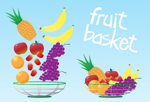 Fruit Basket - Vector illustration of a colorful fruit basket. The front and rear of basket are on layers above and below the fruit layer. Have fun! - Fruit Bowl, Blue, Gradient, Multi Colored, Yellow, Brown, Red, Green, Purple, Orange, Orange, Fruit, Sitting, Metal, Wire, Basket, Falling, Mid-Air, Zero Gravity, Levitation, Vector, Pineapple, Apple, Banana, Strawberry, Grape, Stem, Healthy Eating, Healthy Lifestyle, Nature, Vegetable, Plant, Organic, Ripe, Juicy, Sweet Food, Gourmet, Nature's Candy
