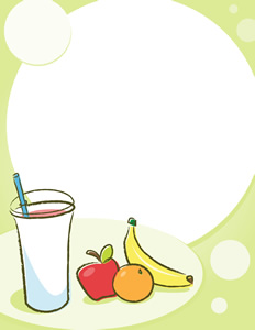 Fruit Smoothie Background - Vector illustration of a stylized smoothie cup filled with your favorite! Sitting next to an apple, orange and banana with a blank background ready for your own words! Perfect for handouts/bulletins/announcements/flyers etc. Light colors are used to save ink when printed! Have fun and stay healthy! MMmm - Smoothie, Apple, Banana, Lightweight, Green, Red, Orange, Orange, Yellow, Group of Objects, Fruit, Cup, Posing, Cartoon, Backgrounds, Blank, Healthy Lifestyle, Healthy Eating, Drink, Nature, Fun, Cute