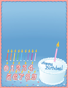 Birthday Flyer - Vector flyer template with a white birthday cake. Candles and numbers are grouped for easy editing/positioning/deleting. Background, cake and candles are on separate layers. HAPPY BIRTHDAY! - Pink, Luxury, Elegance, Frame, Blue, White, Birthday, Cake, Birthday Cake, Flame, Illuminated, Burning, Candle, Multi Colored, Confetti, Letter, Numbers