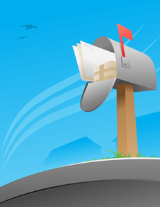 Mailbox - Vector illustration of a mail box filled with letters and a package. - Silver, Gray, Mailbox, Stuffed, Full, Letter, Mail, Box, Package, Red, Flag, Junk Mail, Blue, Sky, Post Office, United Postal Service