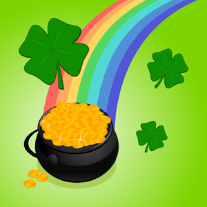 Pot O' Gold - Vector illustration of a black pot of gold at the end of a rainbow with four-leaf clovers around it. Happy St. Patrick's Day! - St. Patrick's Day, Gold, Pot, Rainbow, Four Leaf Clover, Green, Gleaming