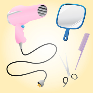 Salon Elements - Vector illustration featuring a group of salon hair styling tools; Pink hair blow dryer, blue hand mirror, a pair of stainless steel cutting shears and a purple pick comb.  Perfect for bulletins, flyers, business cards, ads, and more.  Have fun! - Hair, Salon, Styling, Tools, Elements, Dryer, Hand Mirror, Cutting, Shears, Pick Comb, Hair Stylist, Hair Cut, Pink, Blue, Purple, Stainless Steel