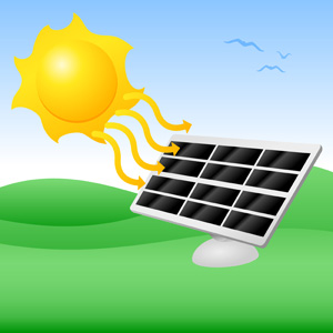 Solar Energy - Vector illustration of a bright orange sun beaming down light rays onto a solar panel in a grassy field.  Go green! - solar panels, solar panel, solar power, solar power system, renewable energy, solar energy, solar powered, energy sources, source of energy, alternative energy, alternative energy sources, new energy, solar charger, sustainable energy, clean energy, free electricity, solar collector, solar technology, go solar, bright, orange, sun, light ray, sunbeam, solar, panel, energy, go green, resources, environment