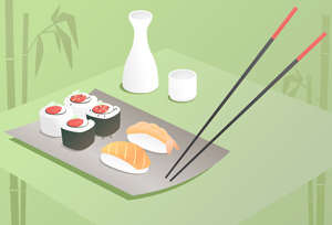 Sushi Dinner - Vector illustration of a simple sushi dinner consisting of spicy tuna roll, salmon and shrimp sushi with a nice hot sake. Sunflower seeds can be turned off. Have fun! - Softness, Sushi, Food, Green, Bamboo, Raw, East Asian Culture, Asia, Sashimi, Saki, Dinner, Lunch, Rolled Up, Chinese Rice Wine, Fun, Aphrodisiac