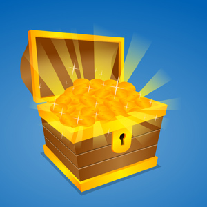 Treasure Chest - Vector illustration of an open wooden treasure chest, trunk or box filled with shiny, glimmering gold coins!  Rays of light can be seen emanating from the coins. - Wooden, Treasure, Chest, Trunk, Box, Filled, Shiny, Glimmering, Gold, Coins, Light, Rays, Emanating