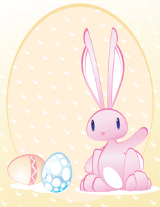 Pink Bunny and Eggs - Vector illustration of a pink Easter bunny waving and standing next to some Easter eggs over a light-orange with small white rabbit background pattern. Colors can be changed. Bunny and eggs can be resized. Background can be used for stationary! Happy Easter! - Funky, Easter Bunny, Easter Egg, Easter, Eggs, Discovery, Rabbit, Baby Rabbit, Cute, Pink, Orange, Lightweight, Light, Pastel Colored, Pastel Drawing, Holiday, Fun, Pattern, Playful, Humor, Vector, Cool, Contemporary, Cartoon, Waving